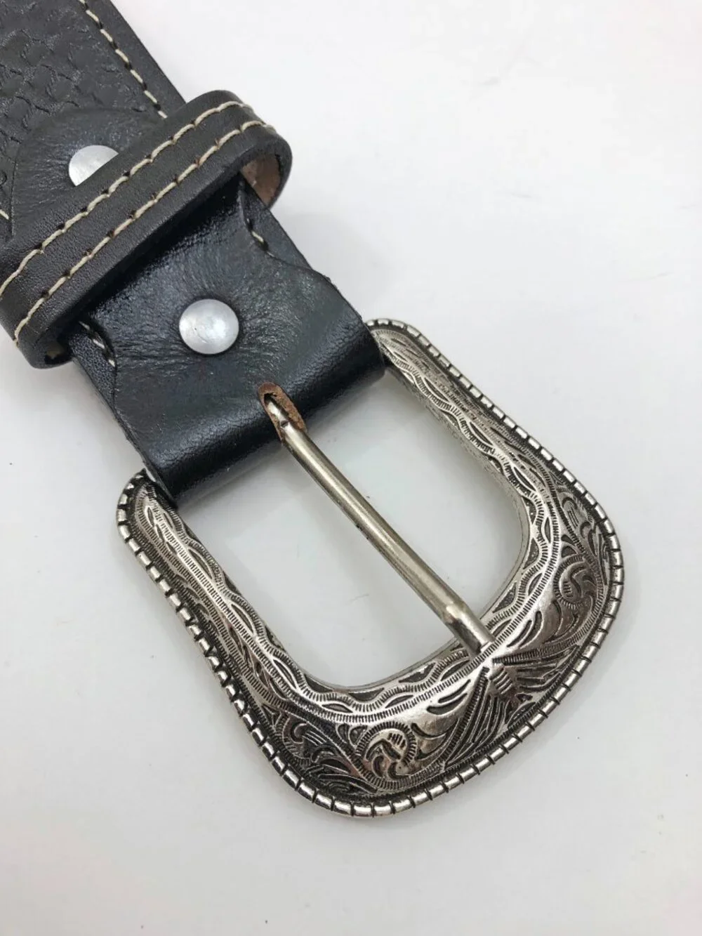Western leather Belt Size 36 Black Leather & Tan Fur Silvertone Buckle Longhorns